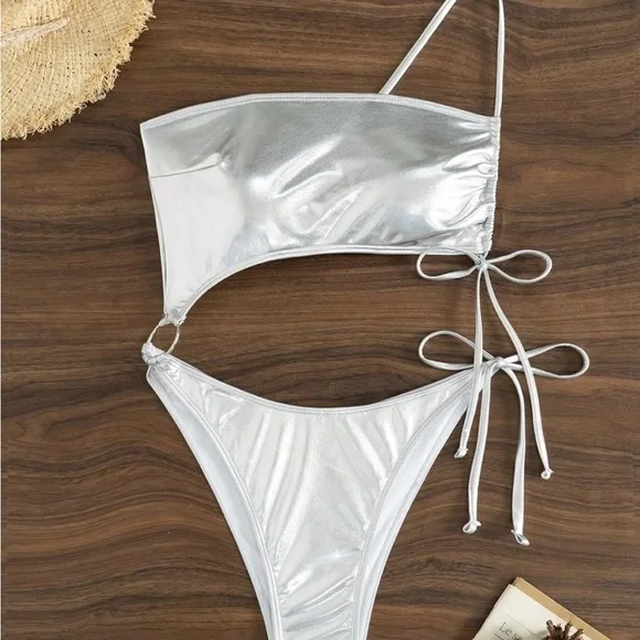 Brand New Shiny Silver One-Piece Swimsuit - SZ L - Picture 3 of 8